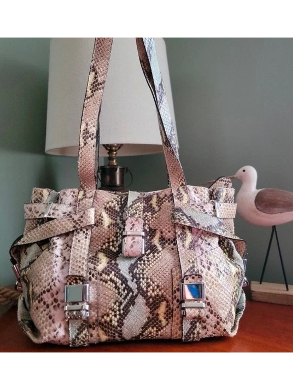 L.K. Bennett Anna Satchel Tan Blue Python Snakeskin Leather Bag Italy Purse